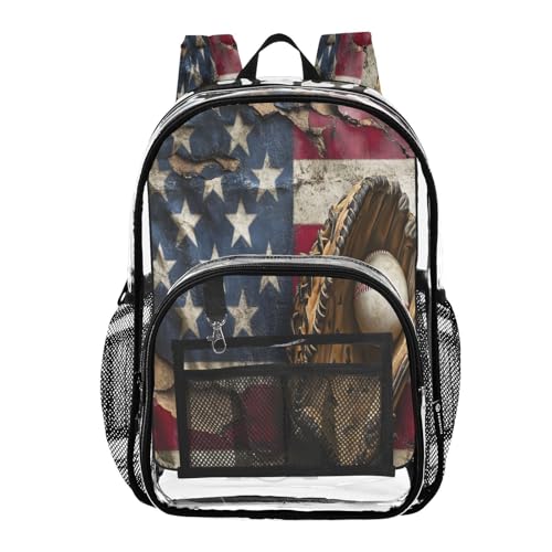 American Flag Baseball Glove Clear Backpack Heavy Duty See Through Transparent PVC BookBag for Kids Boy Girl School Work