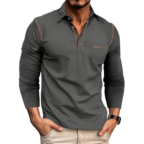 Men Polo Shirt Business Mode Men Shirt Comfortable Men Casual T-Shirt Loose All-Match Classic Solid Colour Men Longsleeve Shirt I-Dark Grey L