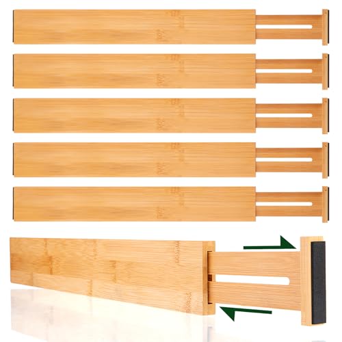 CMOOD 6 PCS Bamboo Drawer Dividers, Kitchen Drawer Dividers, 17″-22″ Expandable Adjustable Bamboo Drawer Dividers Organizers for Kitchen, Clothes, Dresser, Bedroom, Home, Office, Spring Loaded