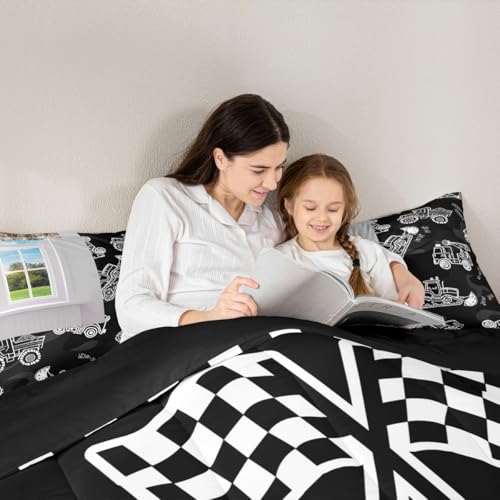 Image of Feelyou Kids Racing Car Duvet Insert Full Size, Checkered Flags Bedding Set Race Sports Flag Comforter Set Boys Girls Teens Bedroom Decor 3Pcs