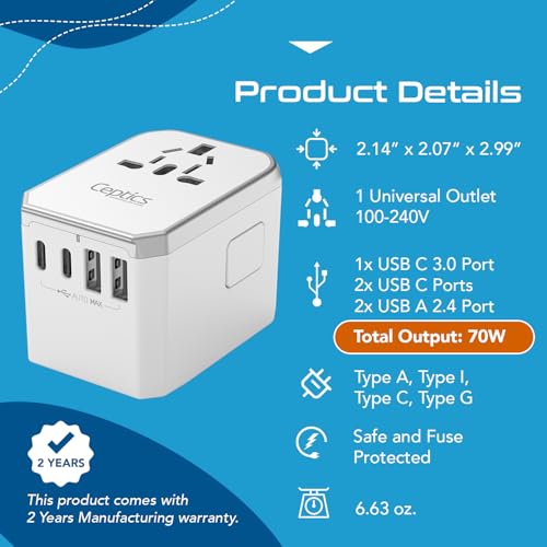 Image of Ceptics 6 in 1 Universal Travel Adapter with PD 70W USB-C and 2X USB-A and 2X USB-C 3A, Universal Charger with QC 3.0 for US /EU /UK /AU, Universal Power Adapter with Type I C G A Outlets