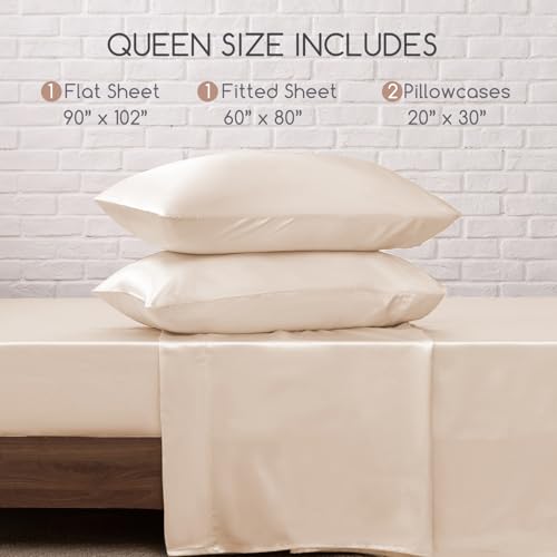 Image of MR&HM Satin Bed Sheets, Queen Size Sheets Set, 4 Pcs Silky Bedding Set with 15 Inches Deep Pocket for Mattress (Queen, Beige)
