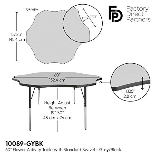 Image of FDP Flower Activity School and Office Table (60 inch), Standard Legs with Swivel Glides for Collaborative Seating Environments, Adjustable Height 19-30 inches - Gray Top and Black Edge