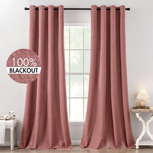Image of MIULEE 100% Blackout Linen Textured Curtains for Bedroom Solid Thermal Insulated Dusty Rose Grommet Room Darkening Curtains & Drapes Luxury Decor for Living Room 52 x 120 Inch (2 Panels)