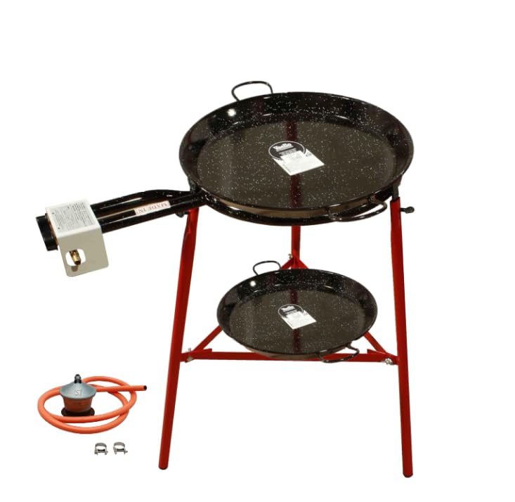 FERRETERIA LEPANTO Kit Paellero, Kit Paellero, Quemador a Gas butano, paellera acero pulido, regulador de Gas + 1,5 metros de Manguera, soporte de 3 Patas reforzadas (Esmaltado, 55 CM)