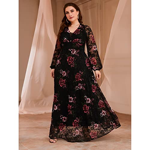 TOLEEN Women's Plus Size Dress V Neck Rose Embroidery Mesh Elegant Formal Maxi Dresses3