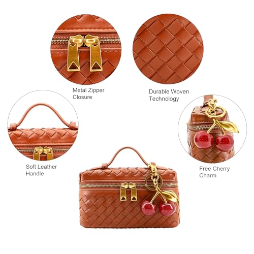 Image of Small Woven Box Crossbody Bags for Women Designer Leather Mini Top Handle Clutch Purse Square Vanity Bag with Cherry Charm