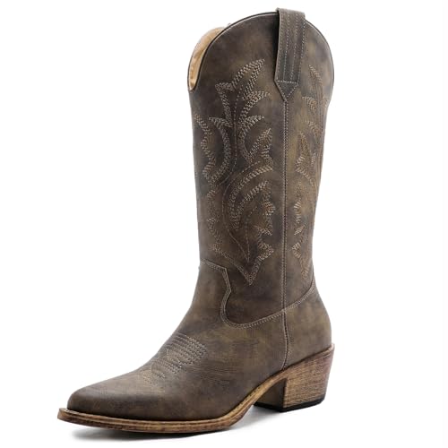 Image of GLOBALWIN Women's Mid Calf Western Cowboy Boots Cowgirl Boots for Women with Floral Embroidery Side Zipper Chunky Heel