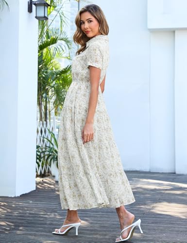 Image of Kranda Women 2026 Summer Collared V Neck Short Sleeve Button Down Chiffon Long Tiered Floral Maxi Dress with Pockets
