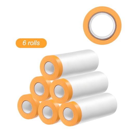 Image of HARFINGTON 6 Rolls Pre-Taped Masking Film 35.4 inch x65.6ft Tape and Drape Painters Plastic Drop Cloth Film with Tape Plastic Sheeting for Automotive Painting Covering