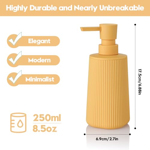 Image of Small Soap Dispenser for Bathroom and Kitchen, Modern Farmhouse Striped Style Plastic Hand Soap Dish Soap Dispenser with Pump Matte Yellow