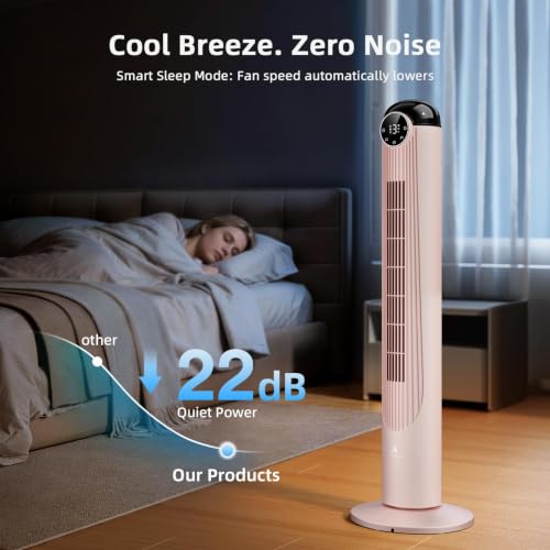 Image of Antarctic Star Tower Fan, 41 Inch DC Motor Bladeless Oscillating Fan with Remote, 6 Speeds & 4 Modes, LED Display, 9H Timer, Quiet Floor Standing Fan for Bedroom Living Room Office, Pink
