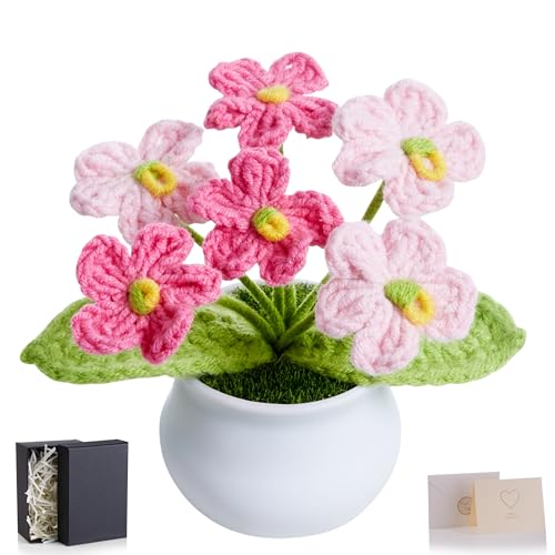 NUKAYAI Crochet Flowers Pink Handmade Knitted Potted Flower for Mom,...