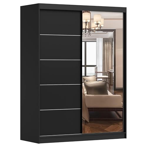 Fabryka Mebli Idźczak Kleiderschrank mit Spiegel Vista 05 Schwebetürenschrank Schlafzimmerschrank Wohnzimmerschrank Schiebetürenschrank - Schrank Garderobe Modern Design (Schwarz/Schwarz)