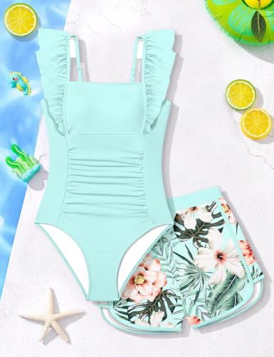 Image of NECIOUS Girls Swimsuit Ruffle Adjustable Straps One Piece Bathing Suit Solid Color Ruched Girls' Swimwear 9-16Y