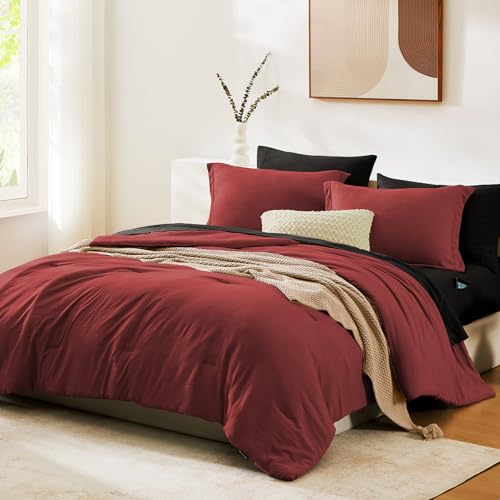 Image of Full Size Comforter Sets-7 Pieces Ultra Soft Bed in a Bag Full Bedding Sets | Prewashed All Season Comforter with Sheets, Pillow Shams & Pillowcases, Bright Red