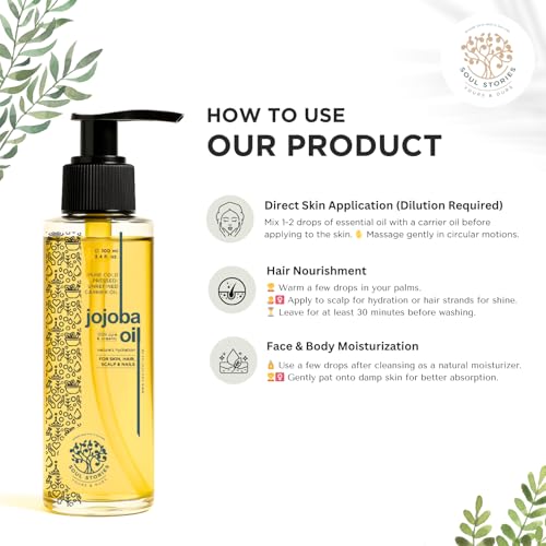 Image of Soul Stories Jojoba Oil 100ml | 100% Pure Cold Pressed Carrier Oil for Face, Hair & Skin | Helps Balance Oily & Acne-Prone Skin, Nourish Scalp & Support Healthy Hair | Rich in Vitamin E