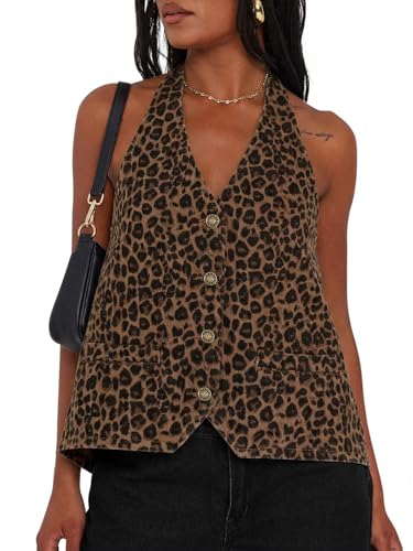 Image of Tankaneo Womens Halter Denim Vest Tops Summer Sleeveless Open Back Y2K Going Out Jean Tank Tops V Neck Button Up Waistcoat