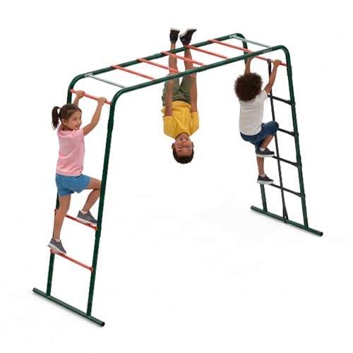 Plum Play Metal Monkey Bars Climbing Frame with Stippled Powder Coating for Extra Grip and Support - Cargo Climbing Net - Max user weight 50kg - Up to 3 users at a time - Min age from 3 years Plus