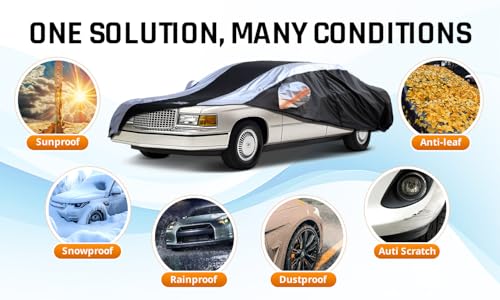 Image of Deville Car Cover Waterproof All Weather with Silver Strip Design, Custom Fit for Deville 1994-2006, Deville Accessory with Door Zipper & Windproof Straps