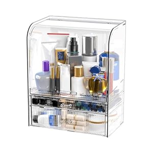 Afgedekte make-uporganizer op het werkblad, stofdichte make-uporganizer met afdekking, huidverzorgingsdoos, draagbare organizer