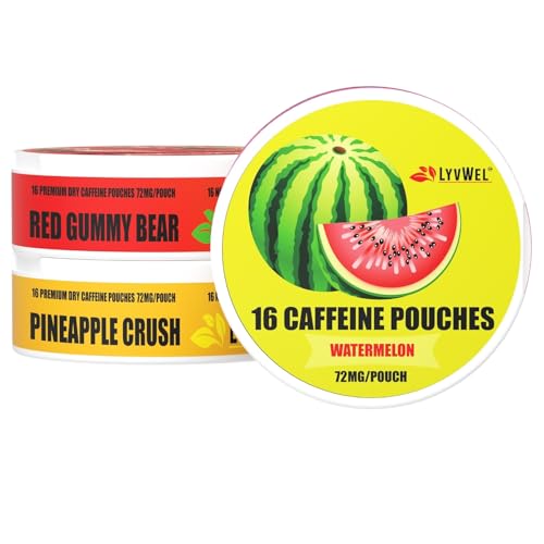 Image of LyvWel 72mg Caffeine Energy Pouches - Watermelon, Red Gummy Bear, Pineapple Crush - Juicy Clean Energy with Guarana - 3-Pack (48 Total Pouches)