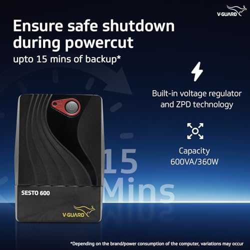 V-Guard Sesto 600 UPS for Power Backup & Protection | Capacity 600VA/300W | Working Range 140-300 VAC (Black) - Image 2