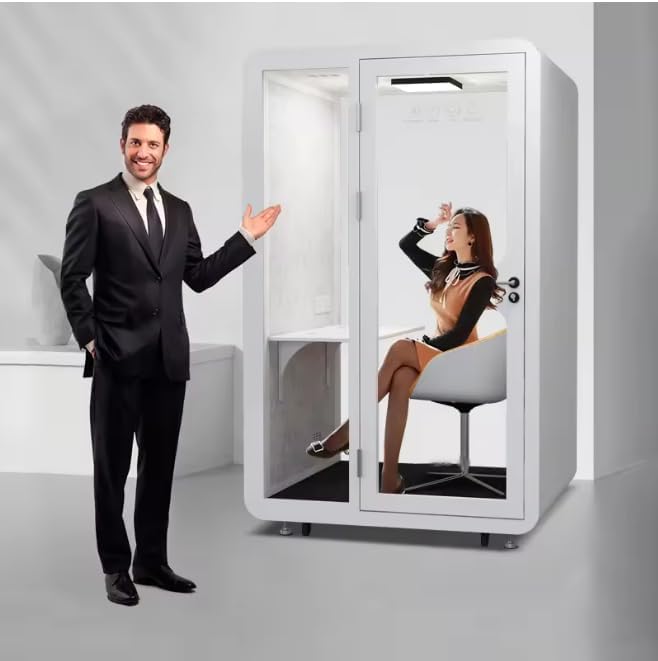 Mobile Office Pod Booth, Sound Proof, Steel Frame, Sound-Absorbing Materials, Tempered Glass, LED Light, Fans, USB Ports, Desk, 110V-250V Power.