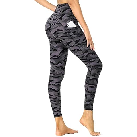 Fotociti Leggings with Pockets for Women - High Waisted Tummy Control Workout Yoga Pants for Running, Training, Dark Grey Camo, Medium Cover