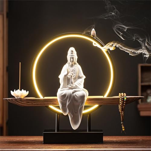 LED Ring Light Ceramic Buddha Incense Burner - Bonsai Tree Decorative Figurine for Home & Office, Unique Indoor Decor, Relaxation and Meditation Essential