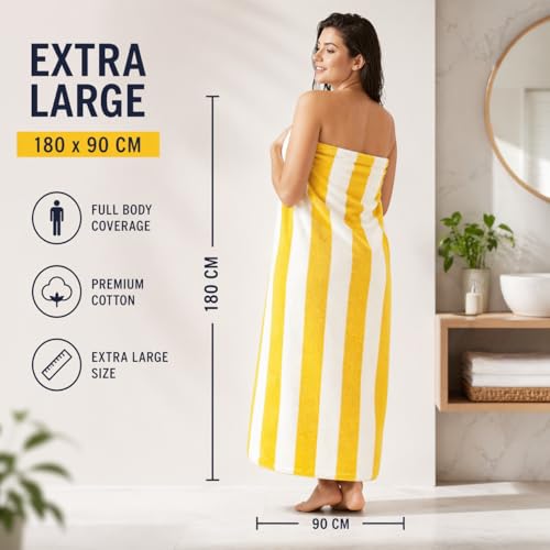 Image of TowelWala Extra Large Cotton Pool & Bath Towel | 180x90 cm | 450 GSM Cotton | Quick Drying & Highly Absorbent | Striped Design for Adults | TW PT YLW Pack 2