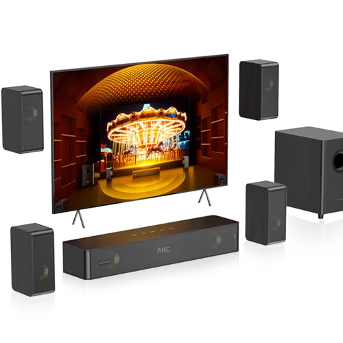 Image of Wooden 5.1.2 Sound Bars, 4 Surround Speakers, 400W Peak Power, TV Speaker Surround Sound System, Soundbar for Smart TV w/Subwoofer, 5.25