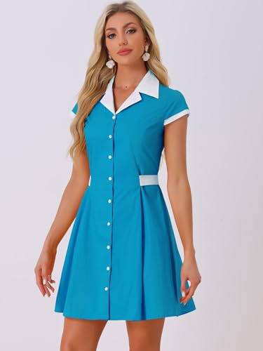 Image of Allegra K Women's Vintage Button Down Shirt Dress Notch Lapel Short Sleeve Belted Office Mini Short Dresses