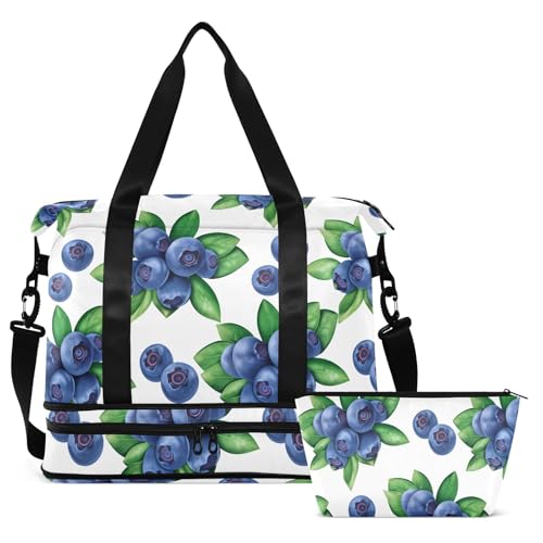 Blueberry Leaves White Travel Duffel Bag for Women Men Gym Bag with Shoe Compartment Wet Pocket Carry On Weekender Overnight Bags for Travel Hospital Gym