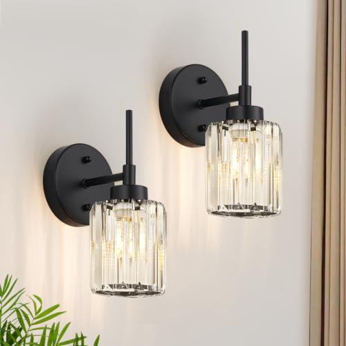 Meybiok Modern Wall Sconces Set of 2, Matte Black Wall Lights with Clear K9 Crystal Shades, Bathroom Vanity Lights for Bedroom, Living Room, Hallway