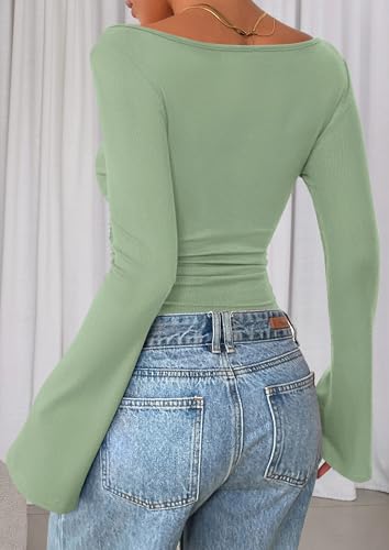 Image of PRETTYGARDEN Women Long Sleeve Shirt 2025 Crop Casual Boat Neck Bell Sleeve Ribbed Ruched Y2K Clothing