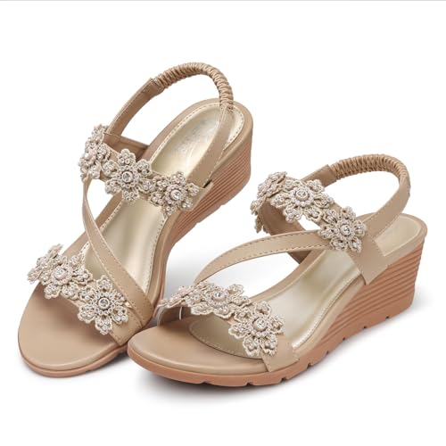 Image of SHIBEVER Womens Wedge Sandals: Well-Cushioned and Support for Comfortable | Low heel, Adjustable Back Strap, Flower, Open Toe Dress Platform Strappy Shoes for Dressy and Casual Summer Size 5-11