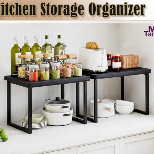 Image of MTANK Kitchen Countertop Organizer Rack for Microwave, Toaster & Jars - Sturdy Wooden & Metal Frame Stand with Storage Shelf | Large Spice Rack Storage Counter Shelf-Black Microwave Stand | (Black)