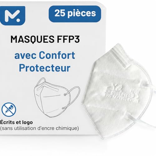 25 Masque FFP3 Certifiés CE, Masque 5 Couches Sans Valve, Masques de Protection Adulte contre les Poussières et les Particules, Masques de Protection Respiratoire Filtrant BFE≥99, 25 Pièces