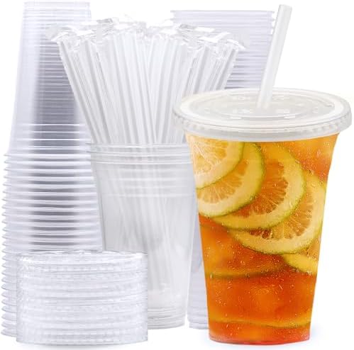 20 oz Clear Plastic Cups with Lids and Straws, Disposable Coffee Cups with Lids for Iced Coffee, Milkshake, Smoothie, Cold Drinks, TO-GO Drinking Cups for Party Event Wedding 25 Sets