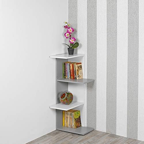 URBNLIVING Wooden Modern Free Standing Display Corner Bookcase (White+Grey, 5 Tier)