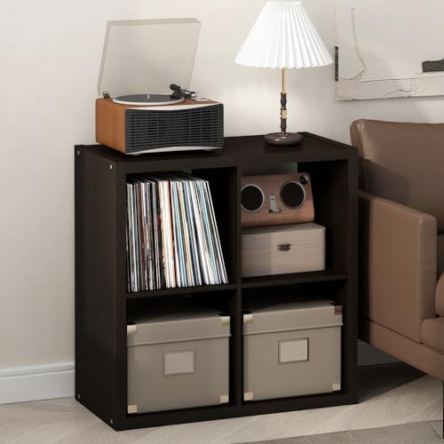 Image of Furinno Cubicle Record Player Stand, 4-Cube Record Storage, Dark Oak
