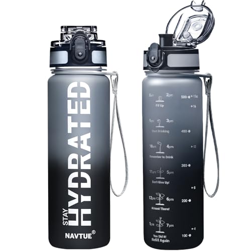 NAVTUE Water Bottle, 16OZ/ 500ML Sports Water Bottles with Time Marker Wide Mouth, Motivational and Leakproof Drink Bottle, BPA Free Tritan with Carry Strap for Gym Fitness Outdoor(1 Bottle)