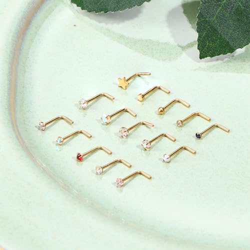 15Pcs 20G Nose Rings Surgical Steel Nose Studs 18G L Shaped Nose Stud Gold Nose Ring Stud CZ Opal Nose Ring Heart Cute L Shape Star Nose Piercing for Women Men 6