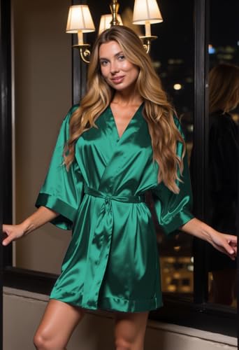 Image of Turquaz Women's Bride Bridesmaids Robe - Satin Kimono Robes for Wedding & Bridal Party Silk Like Lightweight Robes for Women, Lush Meadow Green, Medium