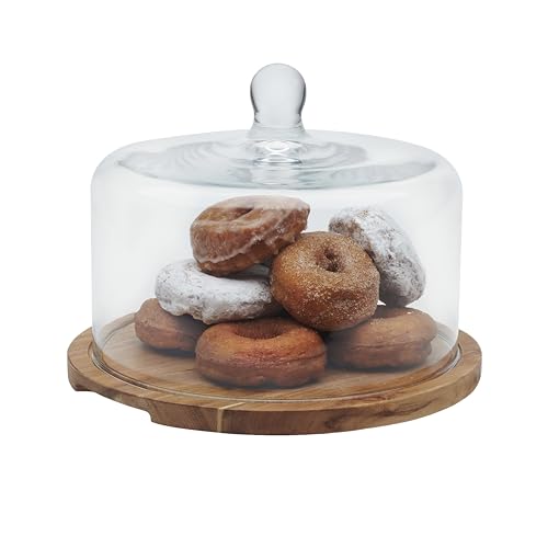 Libbey Acacia Wood Cake Stand with Dome Lid, Ball Top Handle Cake Holder with Lid, Covered Cake Stand, Durable Glass Dome Cover