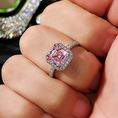 Vsoruln 925 Sterling Silver Shiny Full Diamond Ring Square Pink Princess RingCocktail Rings Round Cut Cubic Zirconia Promise Rings CZ Diamond Halo Ring Eternity Engagement Band Ring for Women (6)3
