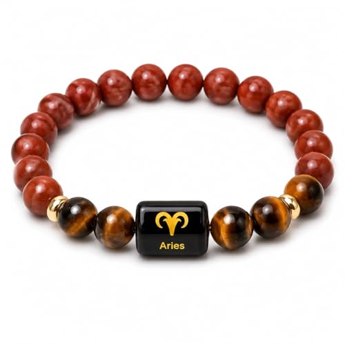 Image of Aries Zodiac Bracelet (मेष राशि) | Certified Healing Crystal for Confidence, Protection & Stability | Original Red Jasper & Tiger Eye Stone | Bracelet for Man & Woman | Gift for Man & Woman