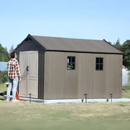 Image of Patiowell 8 x 12 FT Plastic Outdoor Storage Shed with Floor, Resin Shed with Window and Lockable Door for Garden, Backyard, Tool Storage Use, Easy Assemble, Gray (Kick-it Shed)