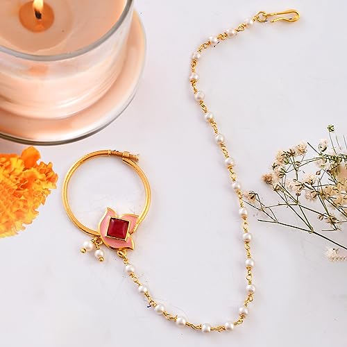 Enameled Floral Red Stone Nose Ring